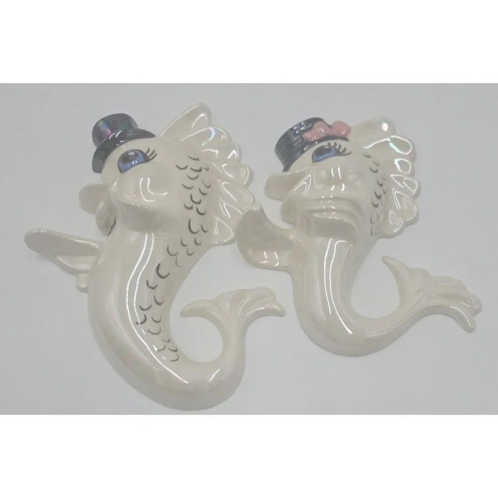 Arnels Vintage Anthropomorphic Fish Wall Plaques Retro Coastal Ceramic Pair